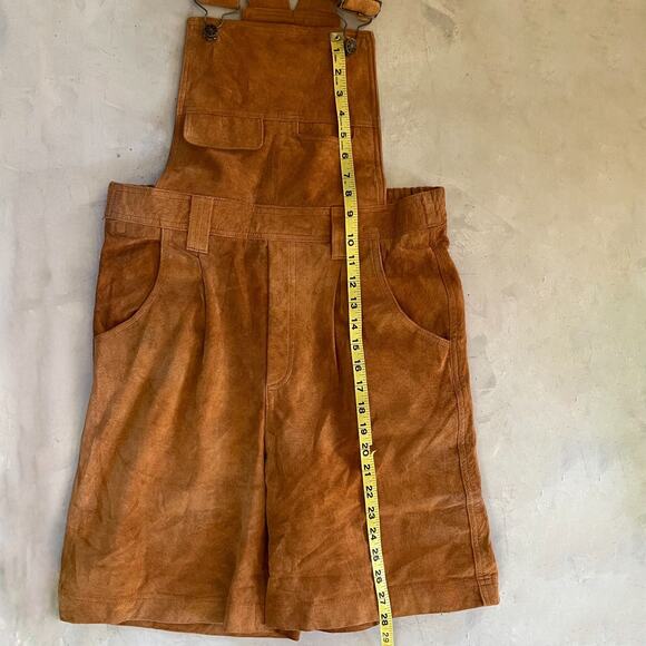 Vintage 90s Western Boho Cottagecore Suede Leather Overall Romper Shorts Sz M - Picture 9 of 10